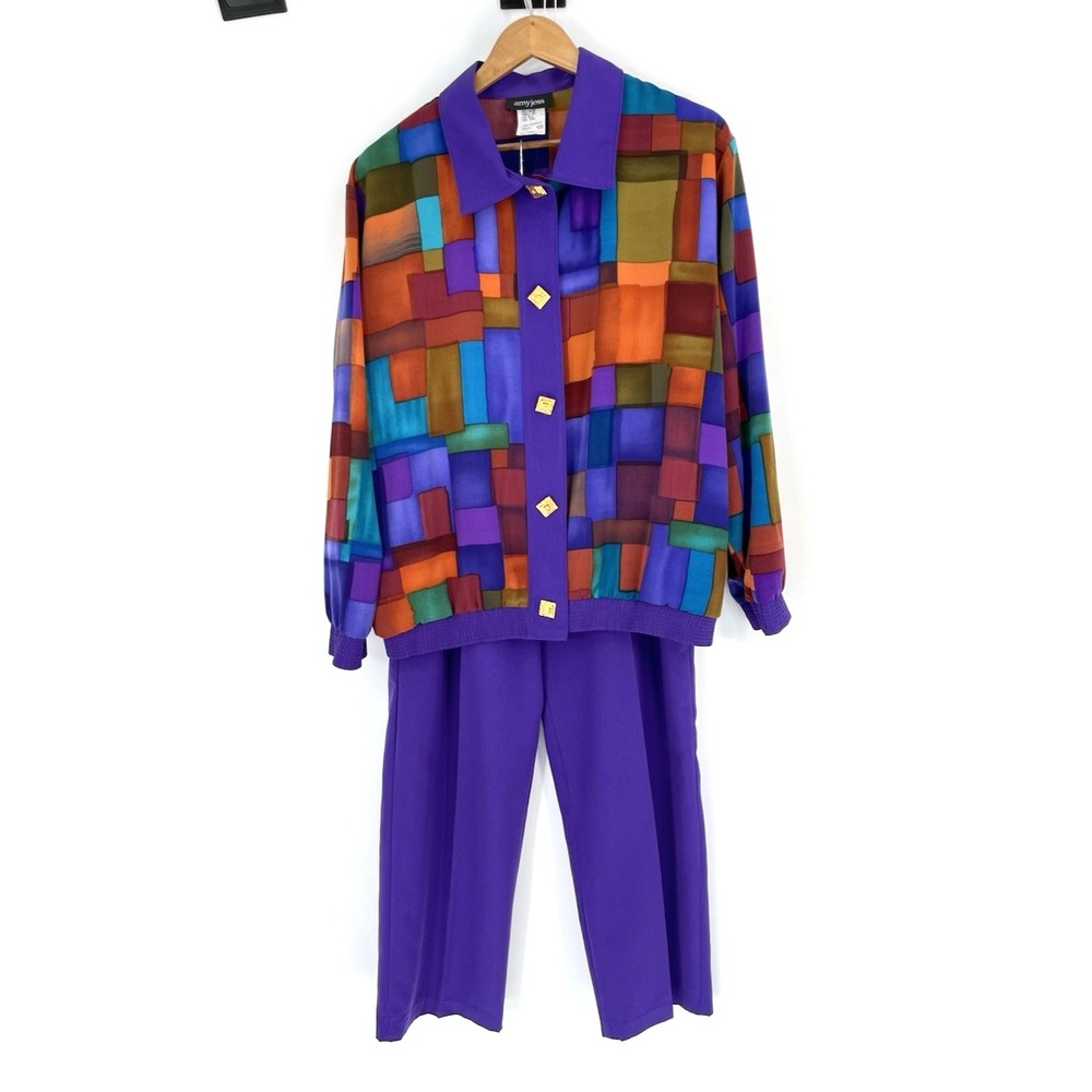 Vintage Amy Jess 80's Womens Large Track Suit Colorblock USA Stain Glass Artsy